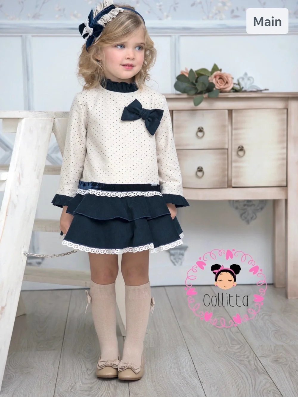 Collitta Girls Cream Top with Navy Layered Skirt Dress